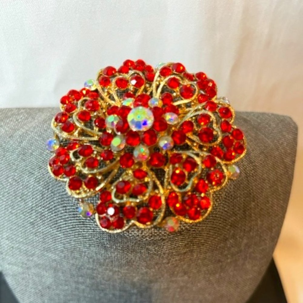 Red Bling and Pearl Costume Brooch